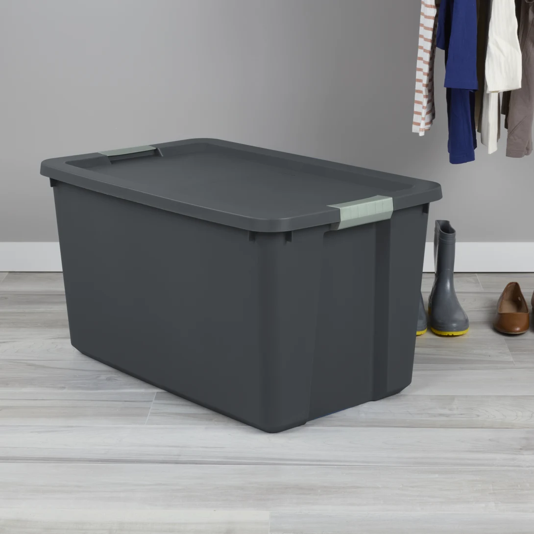 Sterilite 2219 34 Gallon Latch Tote – Extra Large Heavy-Duty Flat Gray Plastic Storage Bin with Green River Latches - Image 5
