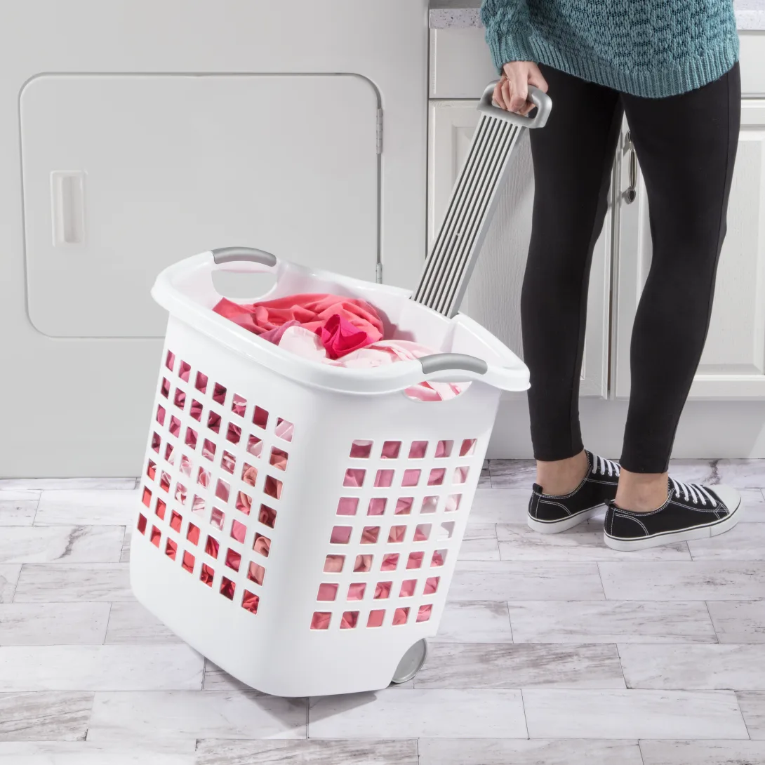Sterilite 1224 1.75 Bushel / 62 Liter Ultra Wheeled Laundry Basket β White with Titanium Handle & Wheels - Image 5