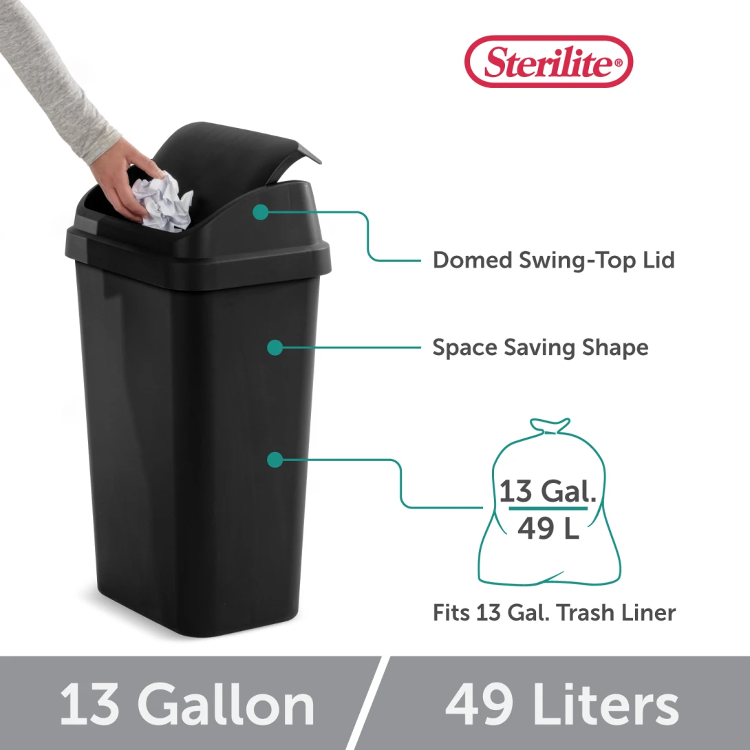 Sterilite 1089 13 Gallon / 49 Liter SwingTop Wastebasket – Black / White - Image 5
