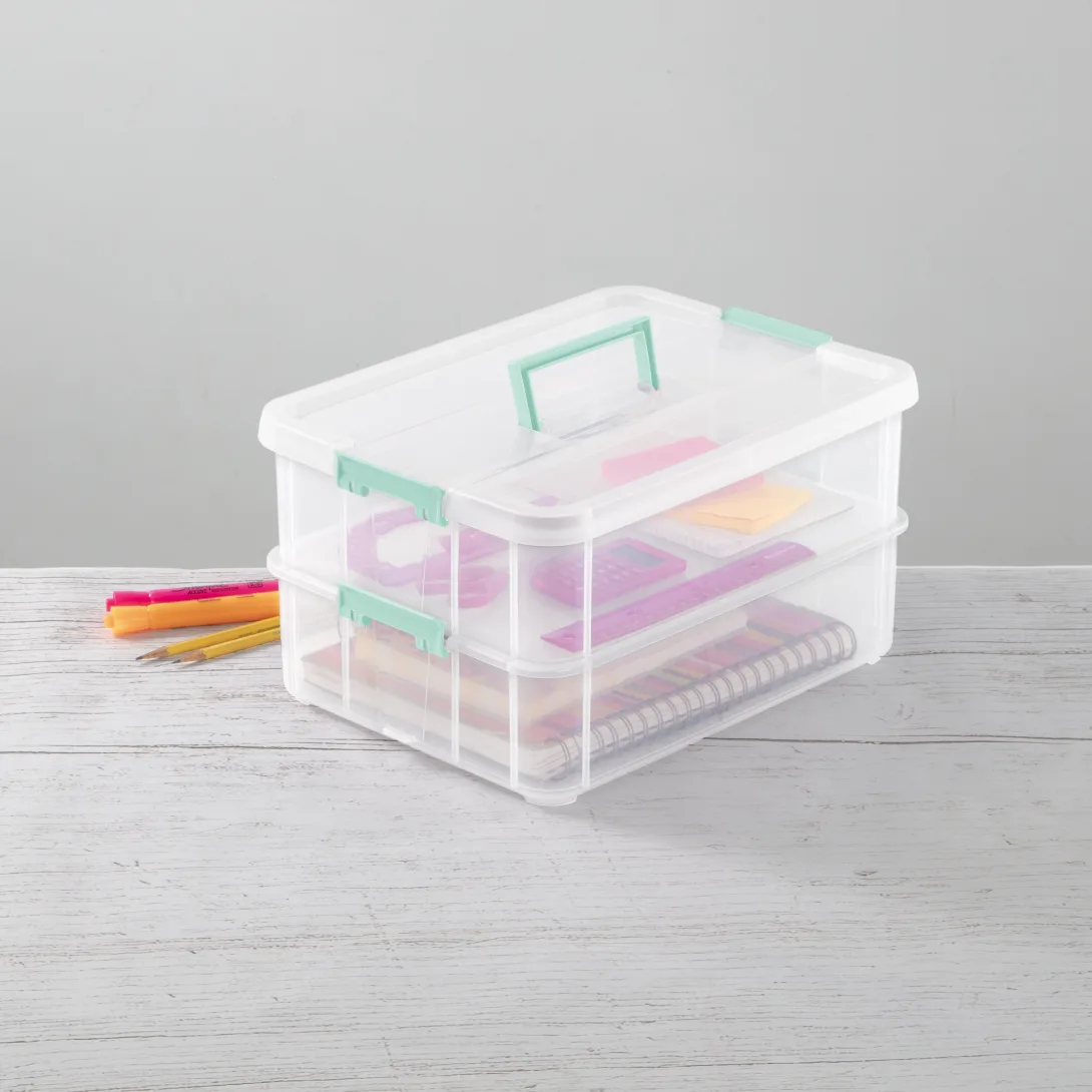 Sterilite 1422 Stack & Carry 2 Layer Handle Box – Clear with Aqua Chrome Handle & Latches - Image 5