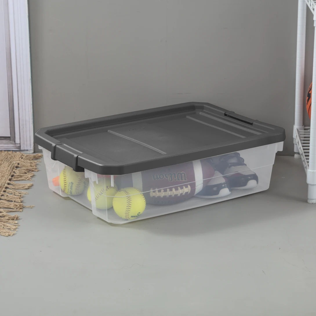 Sterilite 1474 40 Qt Modular Stacker Box β Clear Base with Flat Gray Lid & Latches - Image 5