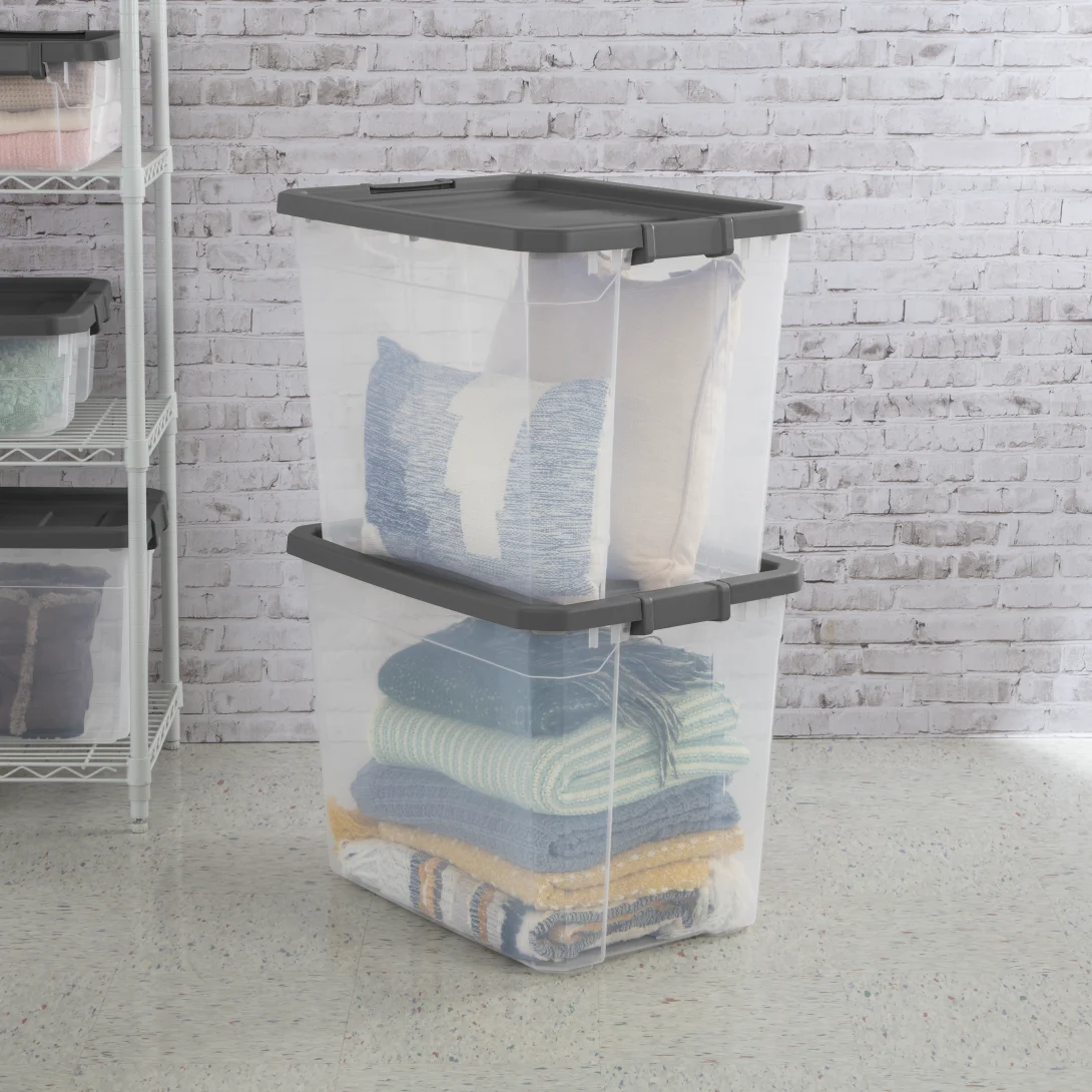 Sterilite 1478 108 Qt Modular Stacker Box – Clear Base with Flat Gray Lid & Latches - Image 5