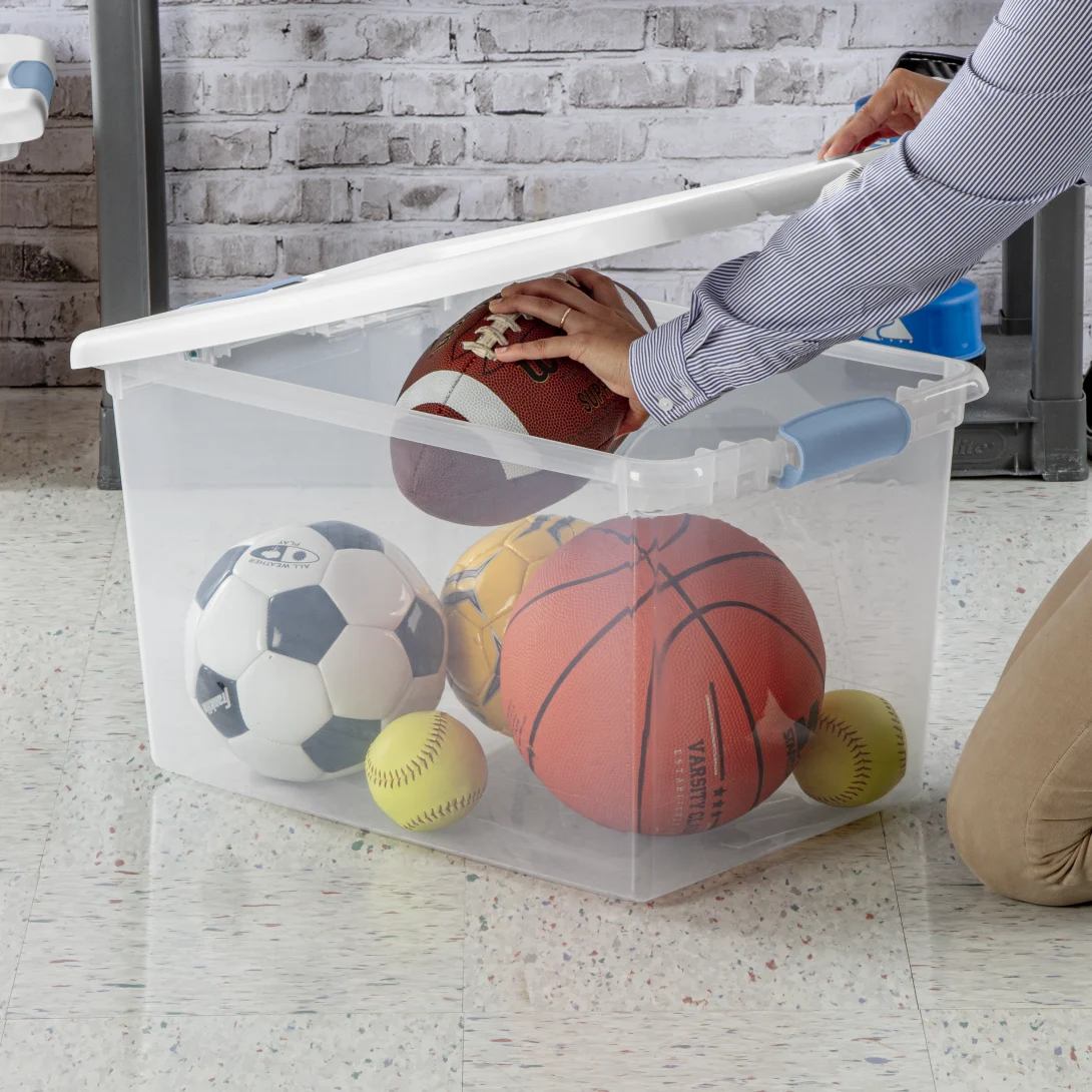 Sterilite 1497 64 Qt Latching Box β Clear Base with White Lid & Washed Blue Latches - Image 5