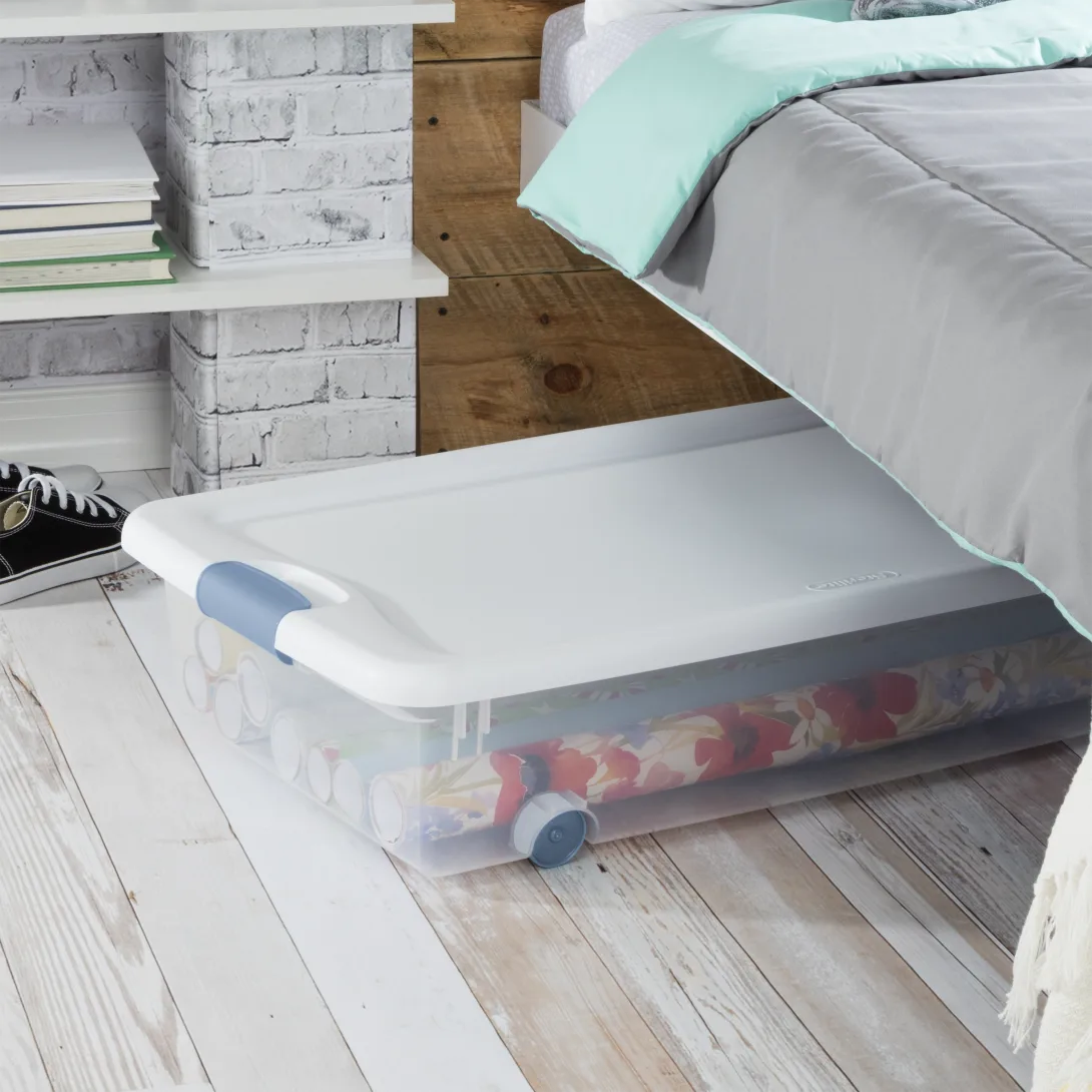 Sterilite 1498 56 Qt Wheeled Latching Box – Clear Base with White Lid, Washed Blue Latches & Wheels - Image 5