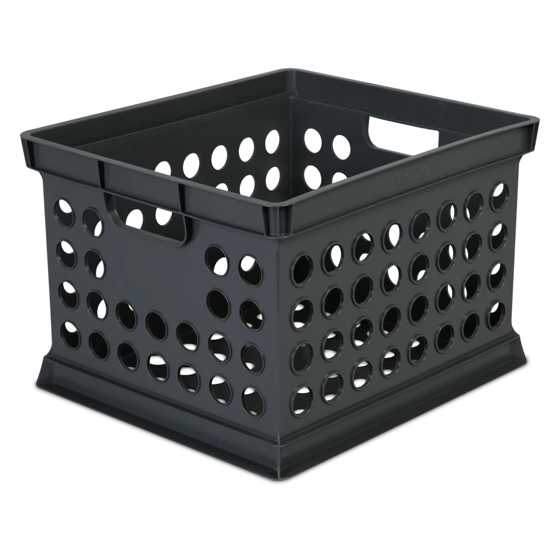 Sterilite 1694 heavy duty plastic storage crate in black featuring stackable rim and integrated side carrying handles