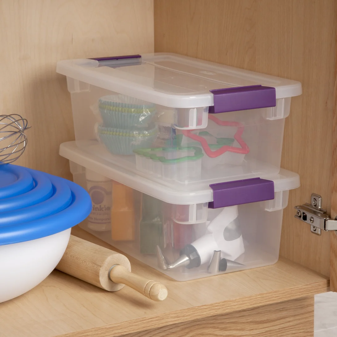 Sterilite 1751 6 Quart ClearView Latch Box – Clear Plastic Storage Bin with Sweet Plum Latches - Image 6