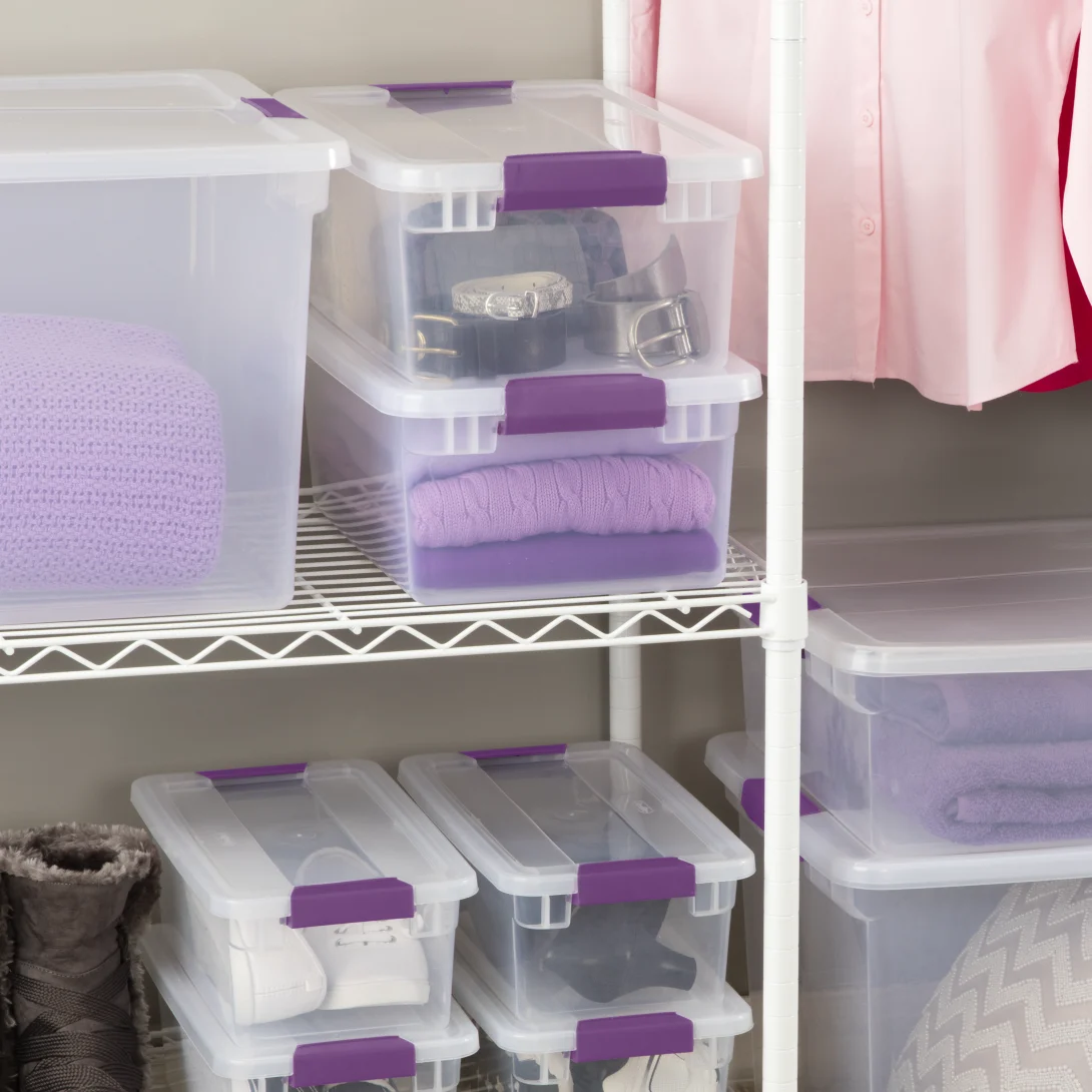 Sterilite 1753 15 Quart ClearView Latch Box – Clear Plastic Storage Bin with Sweet Plum Latches - Image 6