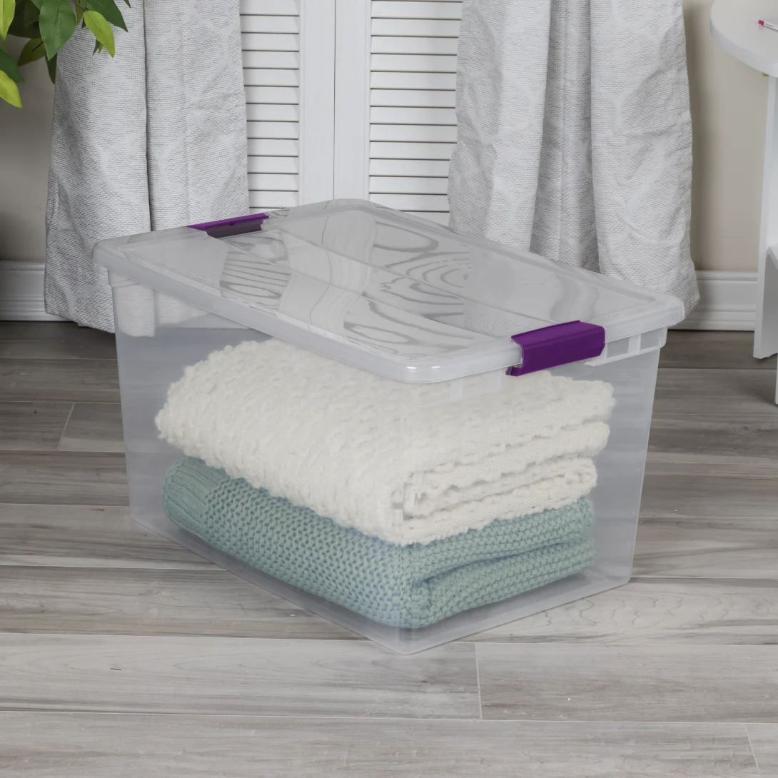 Sterilite 1757 66 Quart ClearView Latch Box – Clear Plastic Storage Bin with Sweet Plum Latches - Image 6