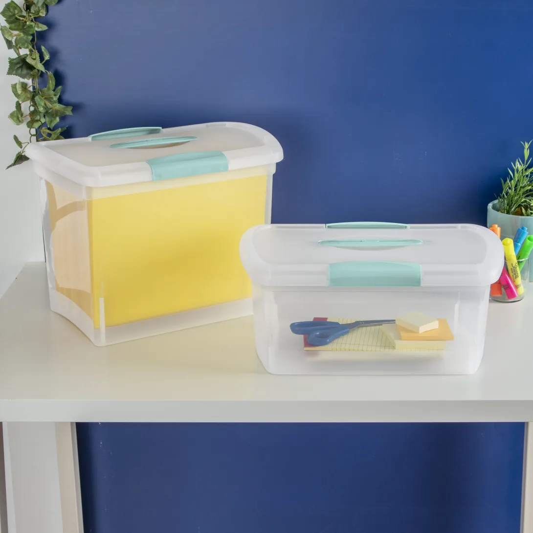 Sterilite 1874 Medium Nesting ShowOffs Portable Storage Bin – Clear Plastic Container with Aqua Chrome Handle & Latches - Image 6