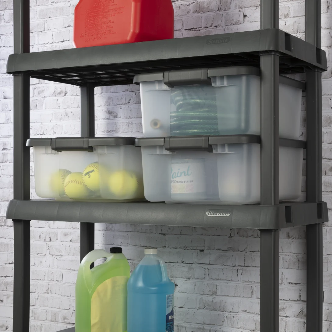 Sterilite 1936 25 Quart ShelfTotes – Clear Plastic Storage Bin with Flat Gray Lid & Latches - Image 6