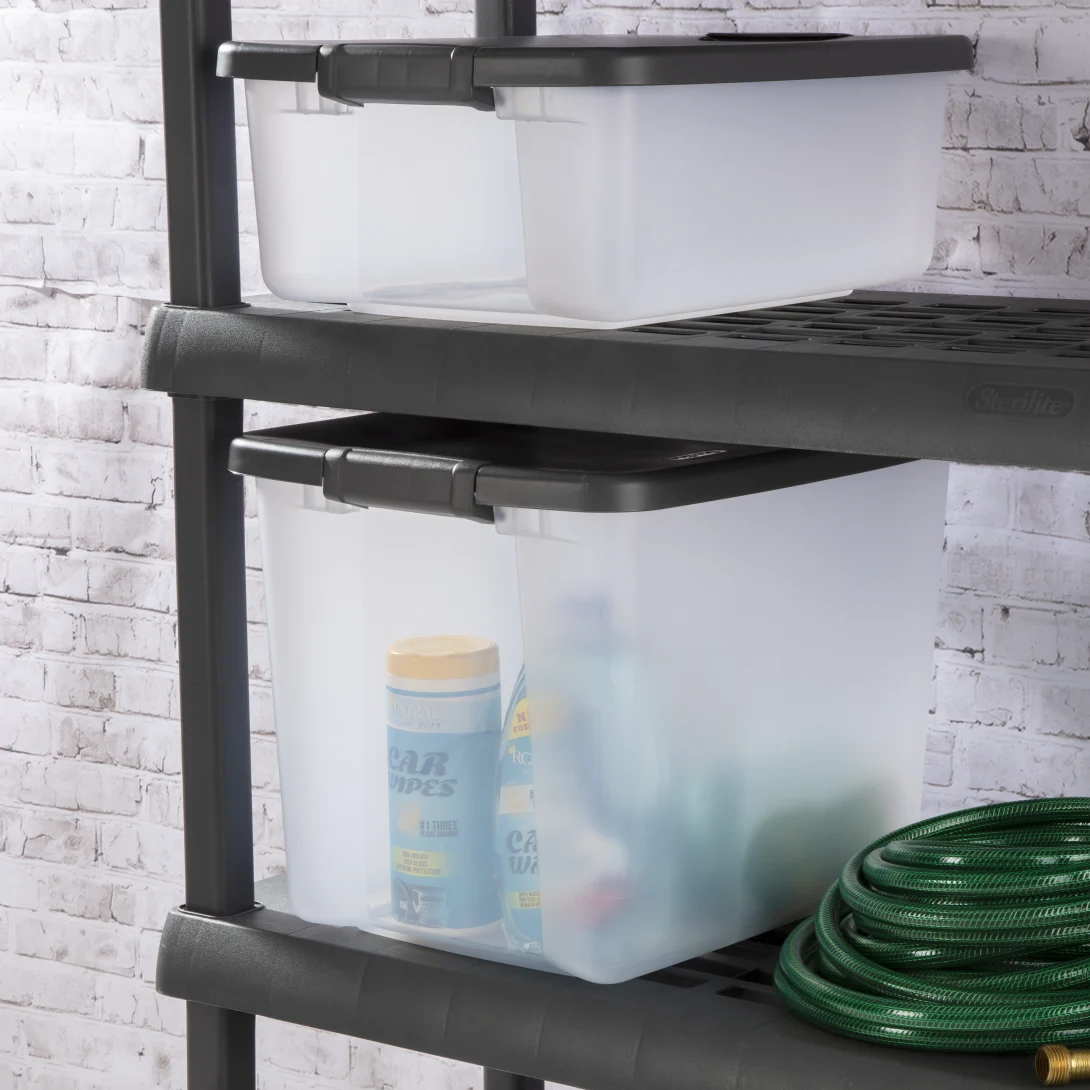 Sterilite 1937 50 Quart ShelfTotes – Clear Plastic Storage Bin with Flat Gray Lid & Latches - Image 6