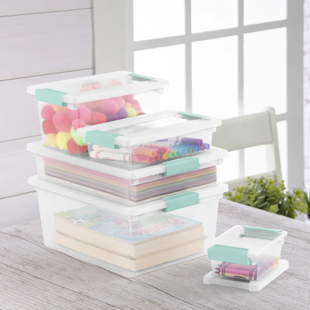 Sterilite 1969 Mini Clip Box – Clear Plastic Storage Organizer Bin with Aqua Chrome Latches - Image 6