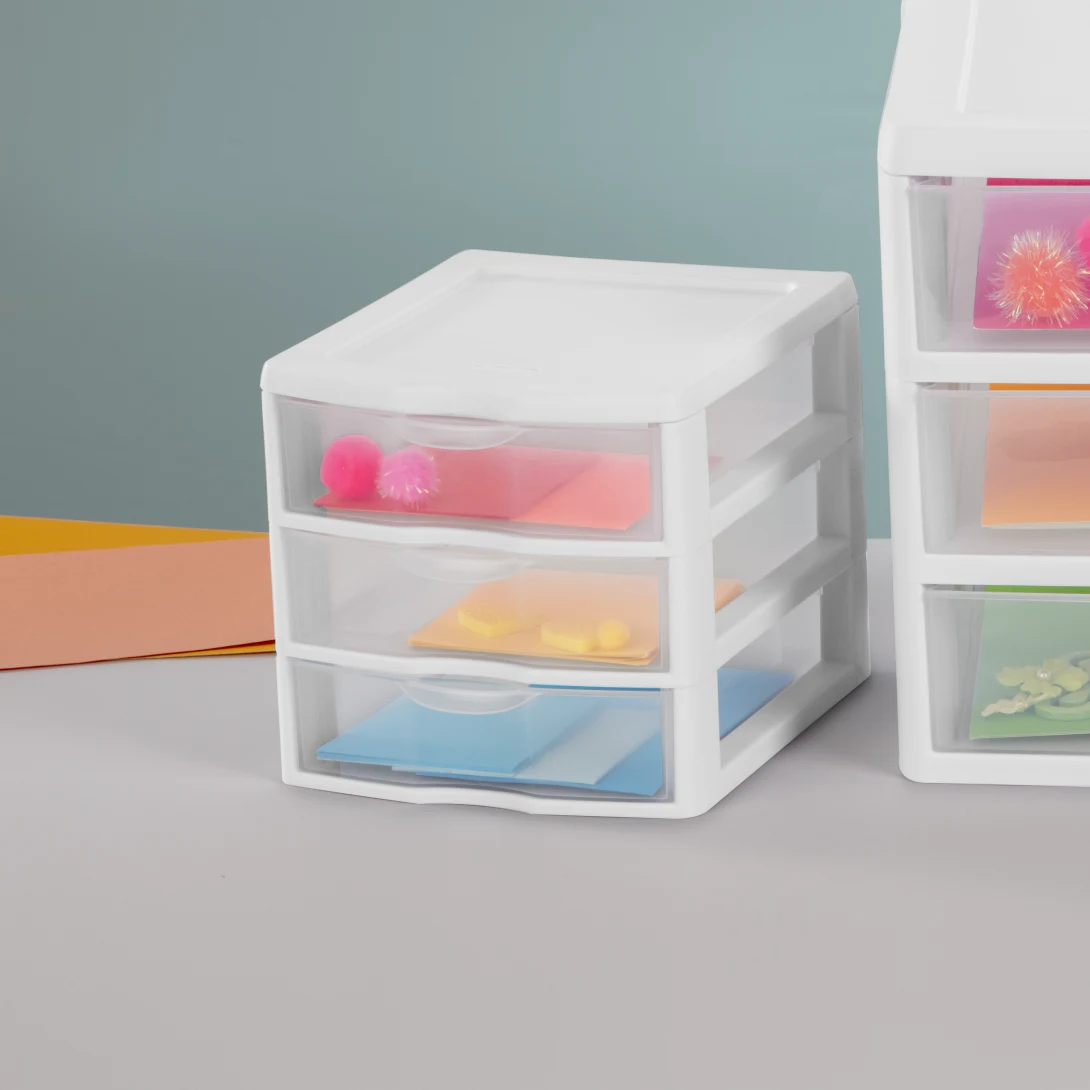 Sterilite 2073 Small 3 Drawer Unit – Clear Plastic Desktop Storage Organizer with White Frame - Image 6
