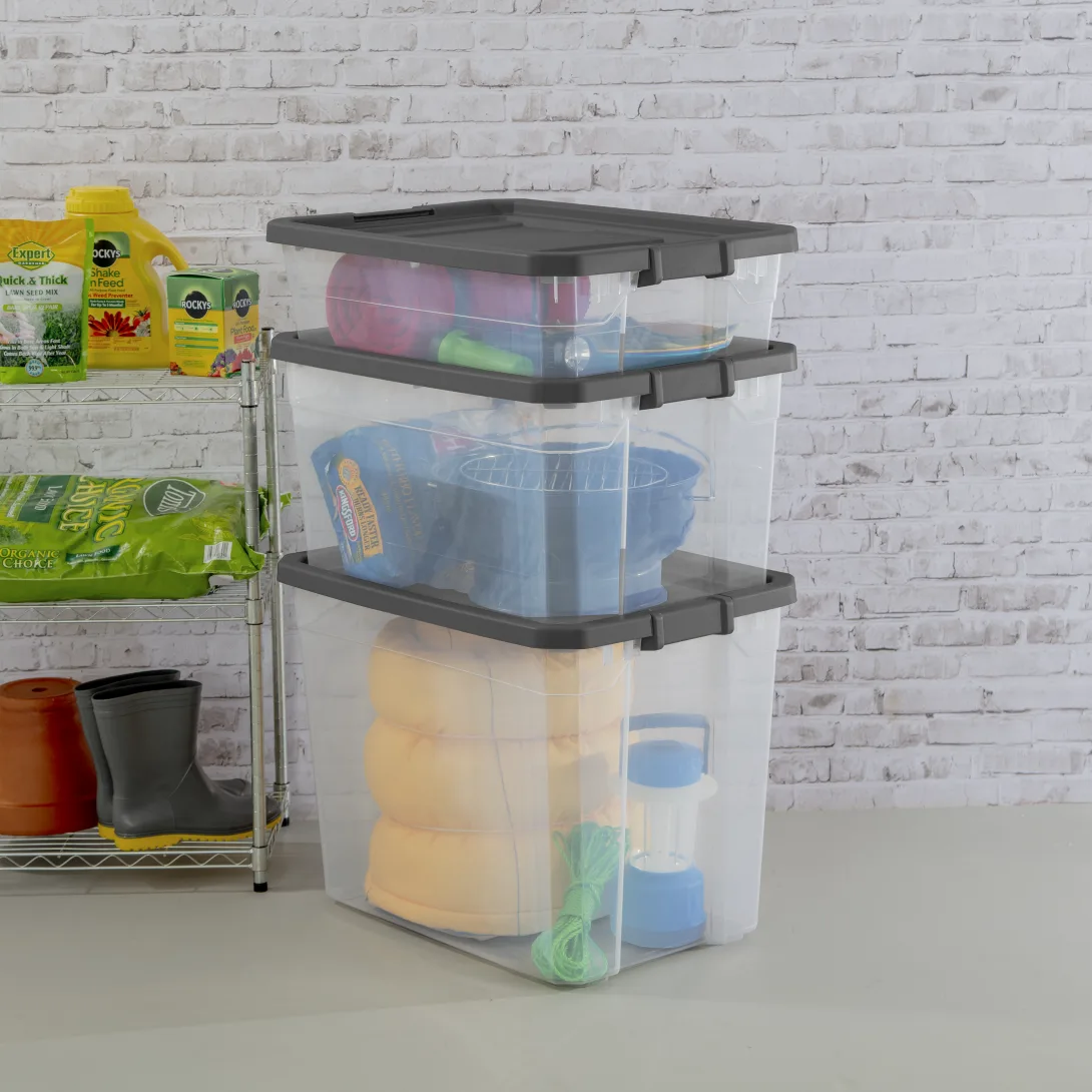 Sterilite 1476 76 Qt Modular Stacker Box – Clear Base with Flat Gray Lid & Latches - Image 6