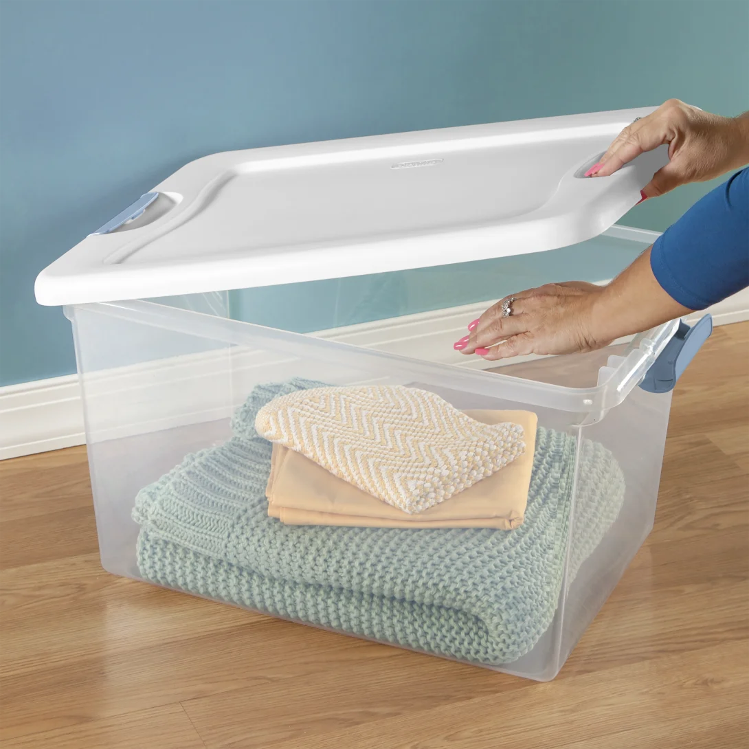 Sterilite 1497 64 Qt Latching Box β Clear Base with White Lid & Washed Blue Latches - Image 6