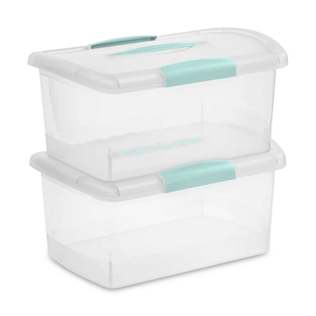 Sterilite 1874 Medium Nesting ShowOffs Portable Storage Bin – Clear Plastic Container with Aqua Chrome Handle & Latches - Image 7