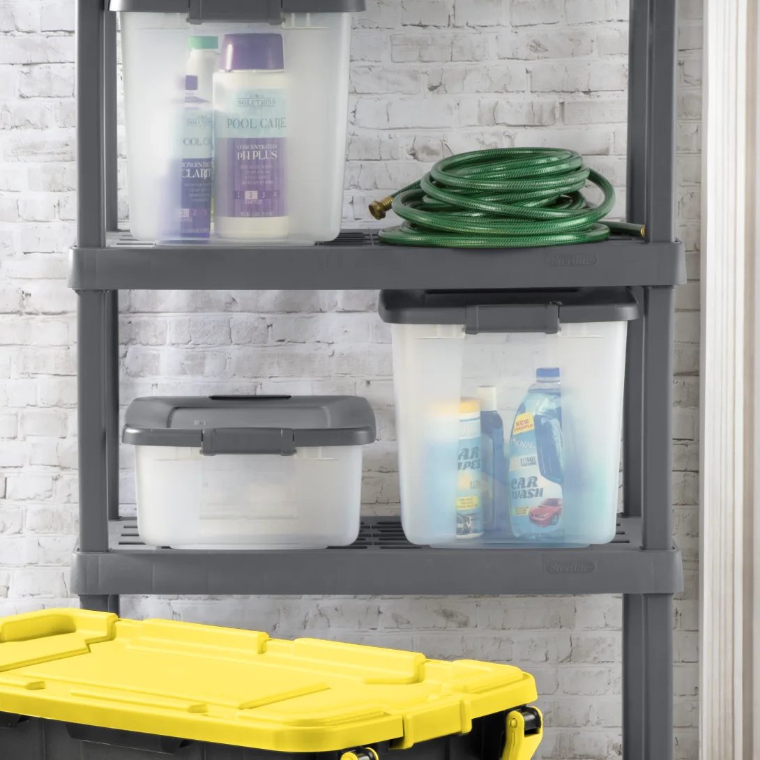 Sterilite 1936 25 Quart ShelfTotes – Clear Plastic Storage Bin with Flat Gray Lid & Latches - Image 7