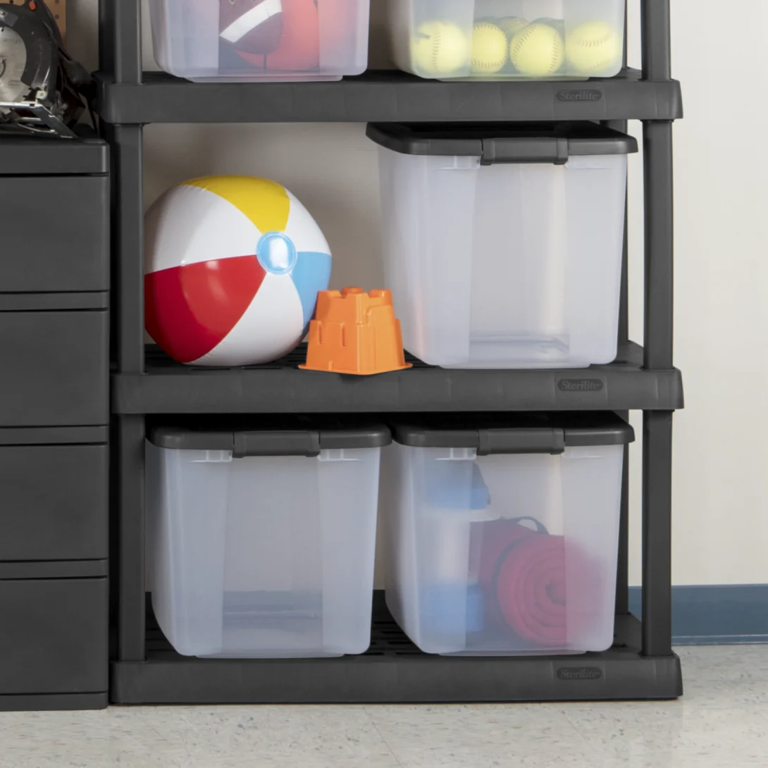 Sterilite 1937 50 Quart ShelfTotes – Clear Plastic Storage Bin with Flat Gray Lid & Latches - Image 7