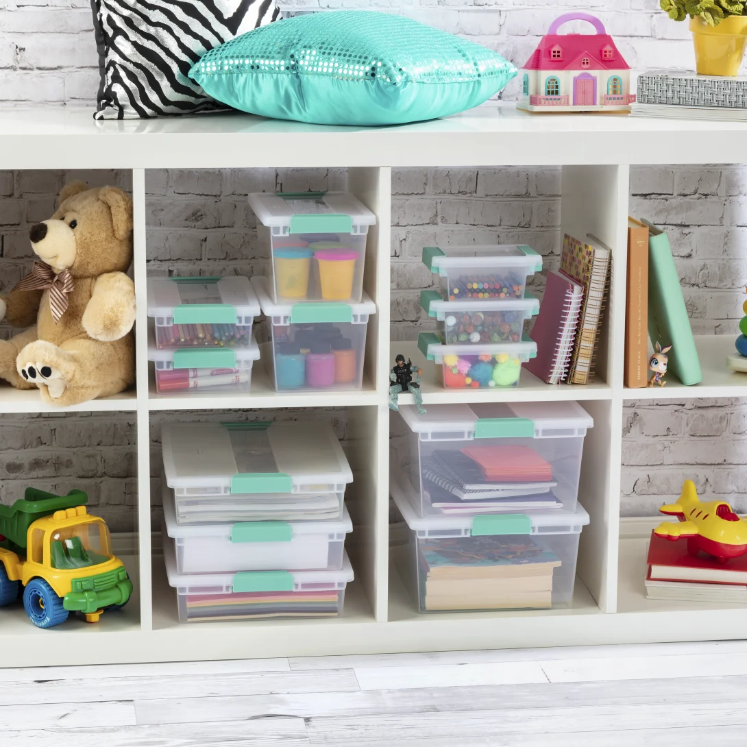 Sterilite 1969 Mini Clip Box – Clear Plastic Storage Organizer Bin with Aqua Chrome Latches - Image 7
