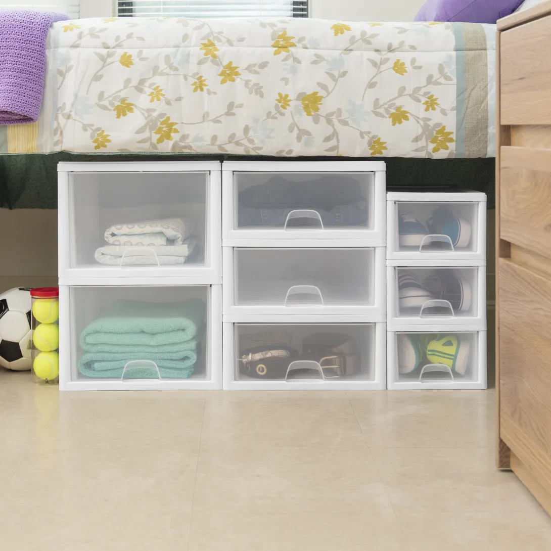 Sterilite 2051 6 Quart Stacking Drawer – Clear Plastic Single Storage Drawer with White Frame - Image 7
