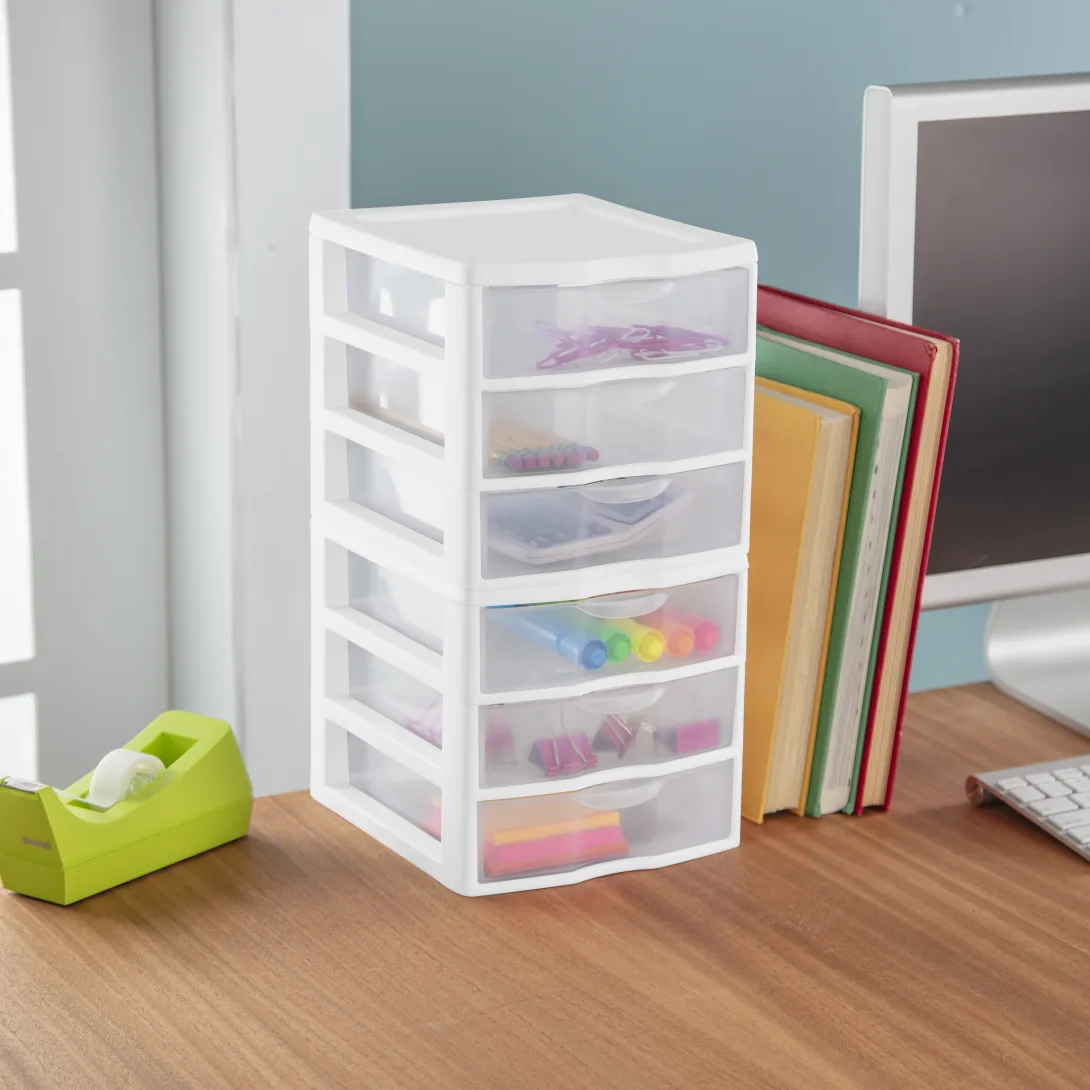 Sterilite 2073 Small 3 Drawer Unit – Clear Plastic Desktop Storage Organizer with White Frame - Image 7