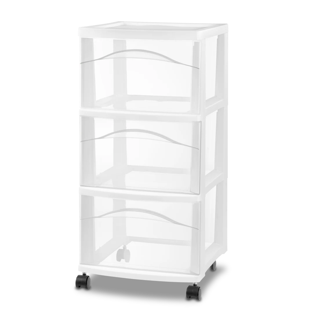 Sterilite 2830 3 drawer plastic mobile storage cart with white frame, three clear pull-out drawers, and black swivel casters