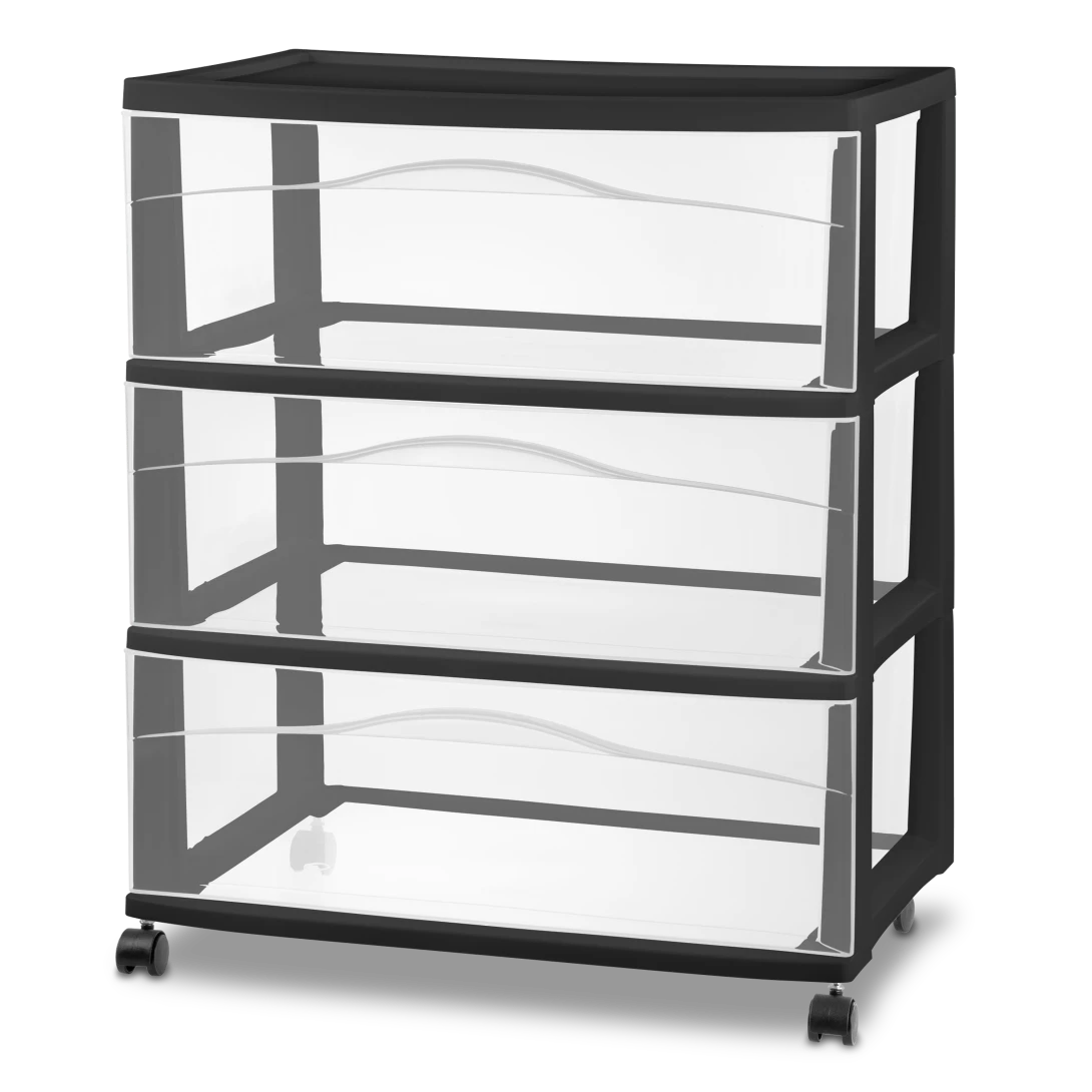 Sterilite 2930 wide 3 drawer plastic mobile storage cart with black frame, three extra wide clear pull-out drawers, and black swivel casters