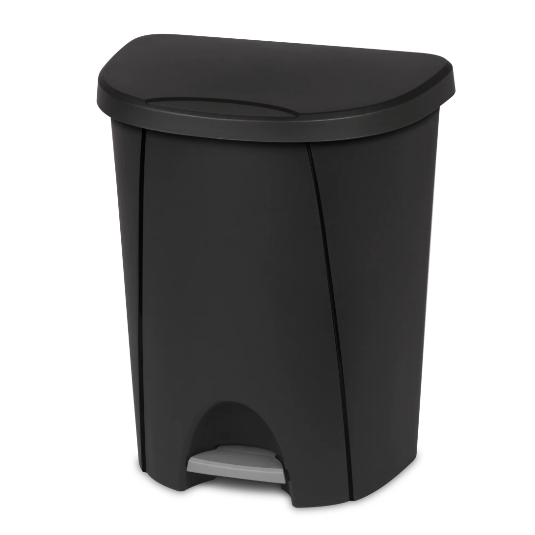 Sterilite 1094 6.6 gallon black stepon plastic wastebasket trash can showing titanium foot pedal