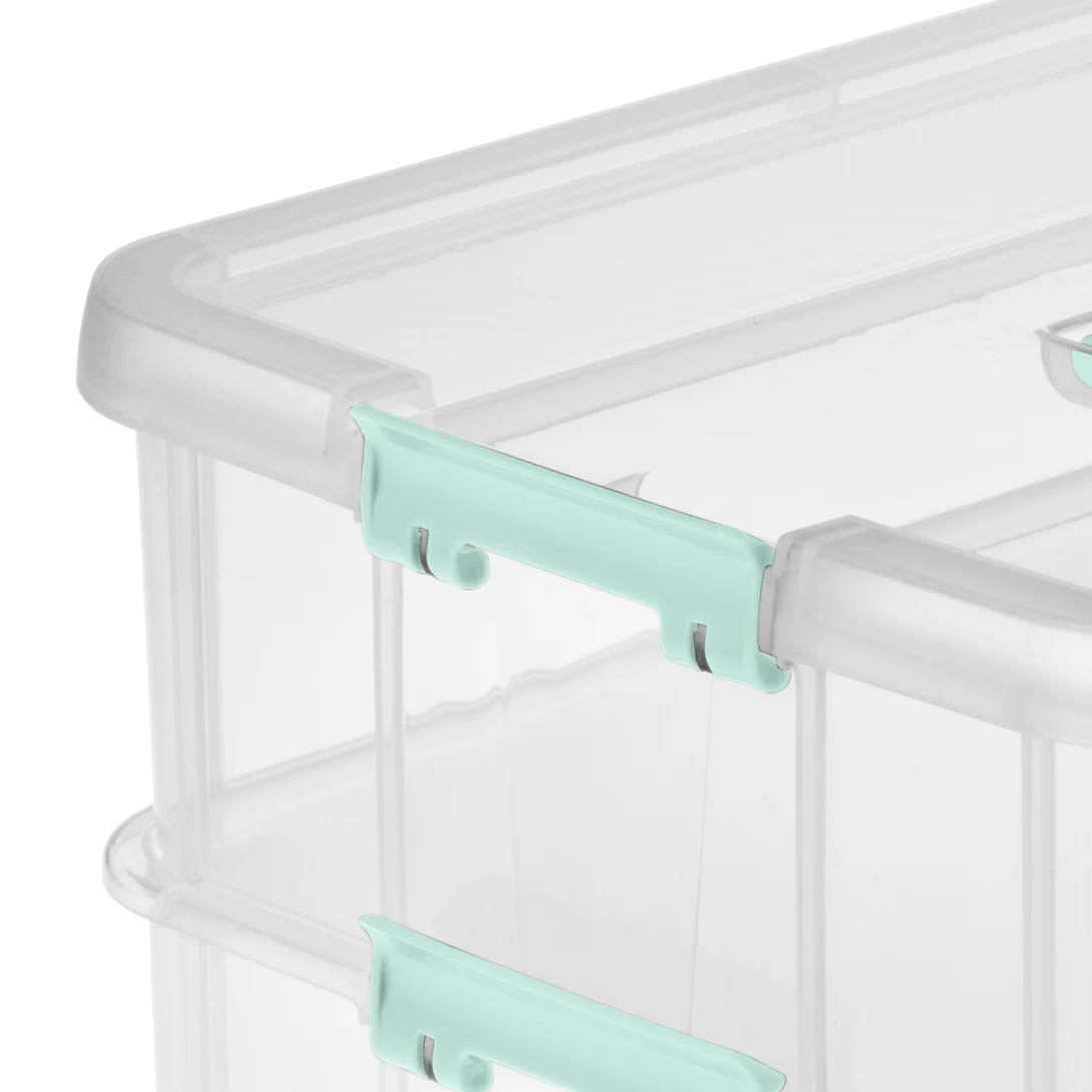 Sterilite 1422 Stack & Carry 2 Layer Handle Box – Clear with Aqua Chrome Handle & Latches - Image 8