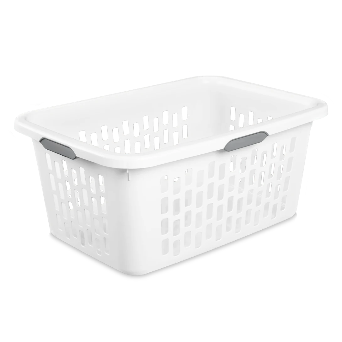 Sterilite 1202 2 bushel white plastic ultra laundry basket showing titanium handle inserts and airflow ventilation pattern