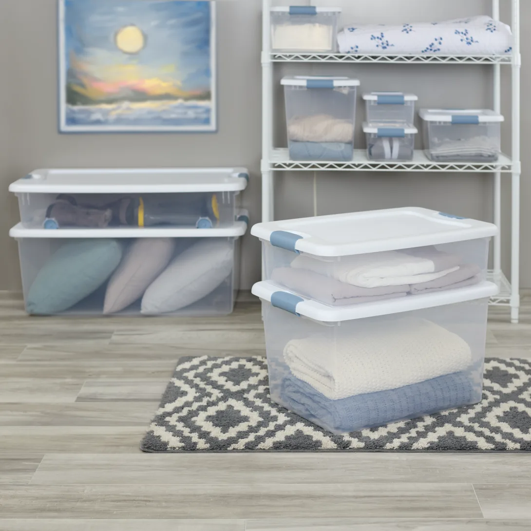 Sterilite 1496 32 Qt Latching Box – Clear Base with White Lid & Washed Blue Latches - Image 8