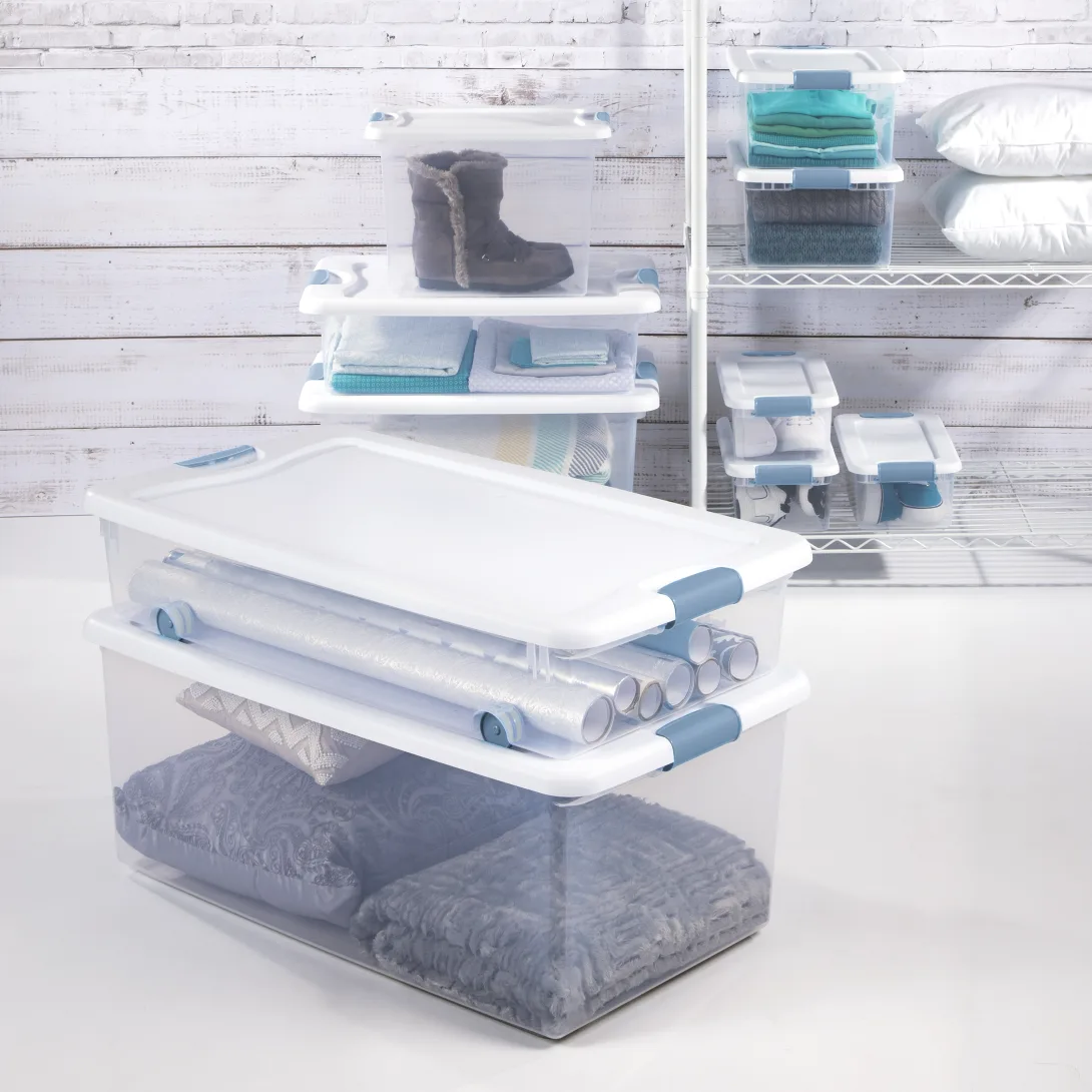 Sterilite 1497 64 Qt Latching Box β Clear Base with White Lid & Washed Blue Latches - Image 8