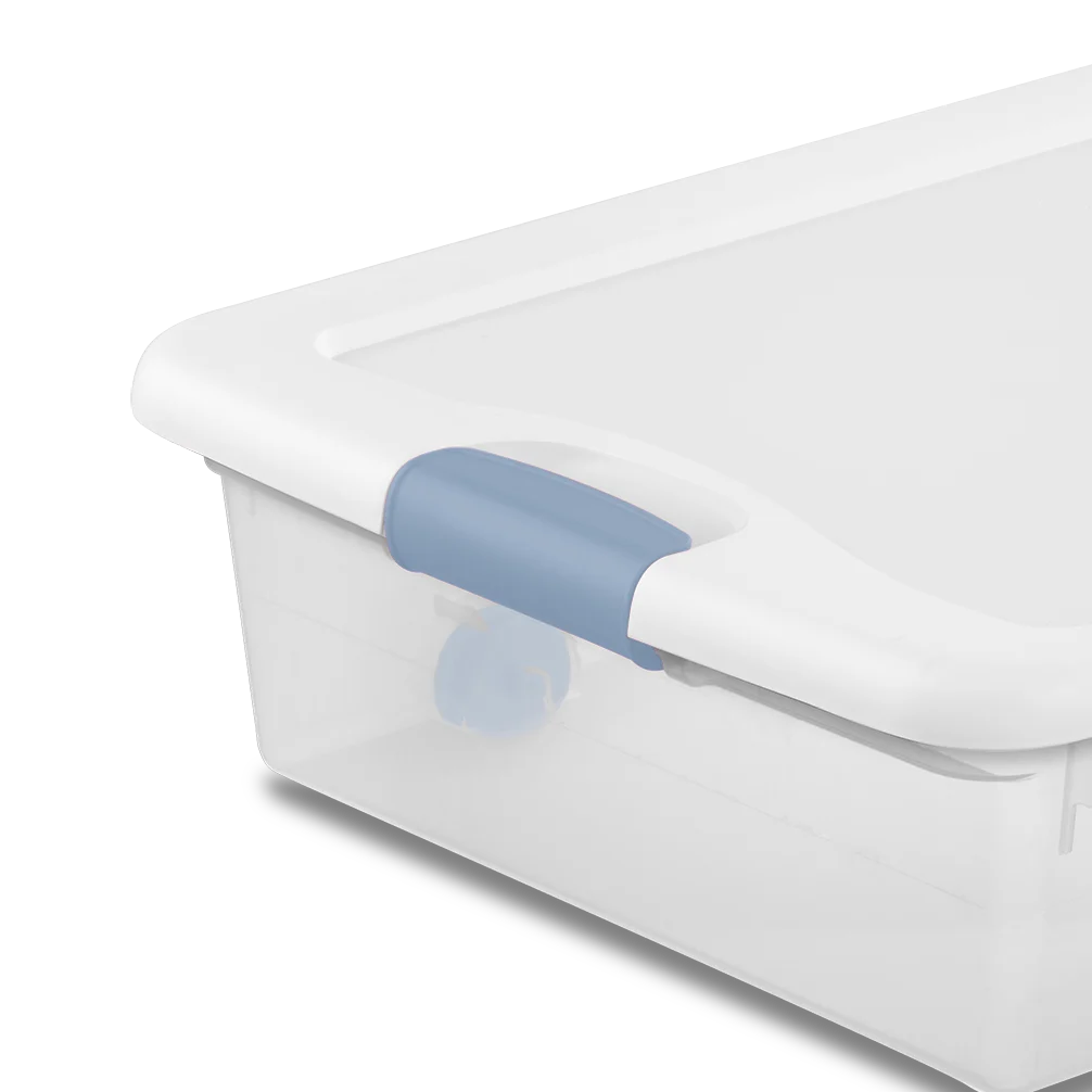 Sterilite 1498 56 Qt Wheeled Latching Box – Clear Base with White Lid, Washed Blue Latches & Wheels - Image 8