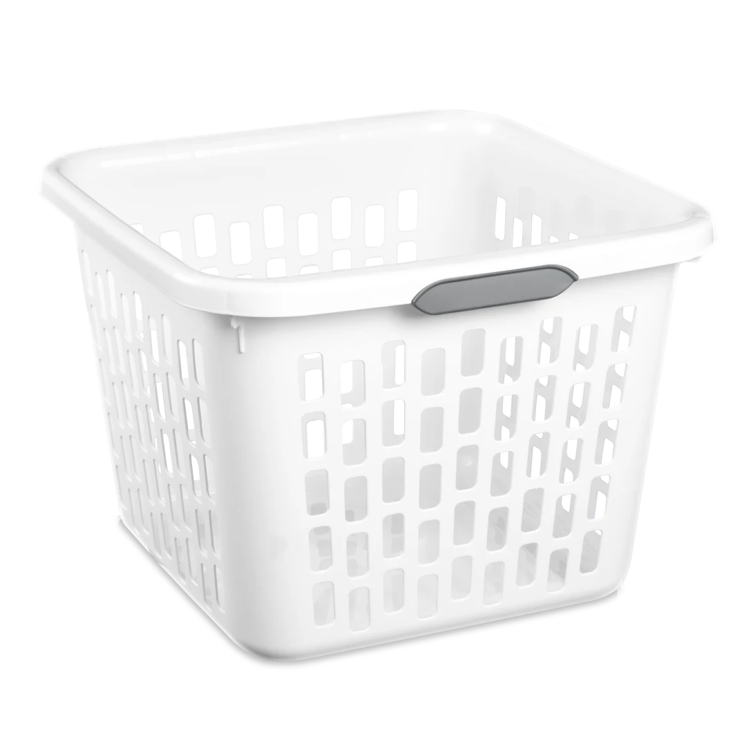 Sterilite 1204 1.5 bushel white plastic ultra laundry basket showing titanium handle inserts and airflow ventilation pattern