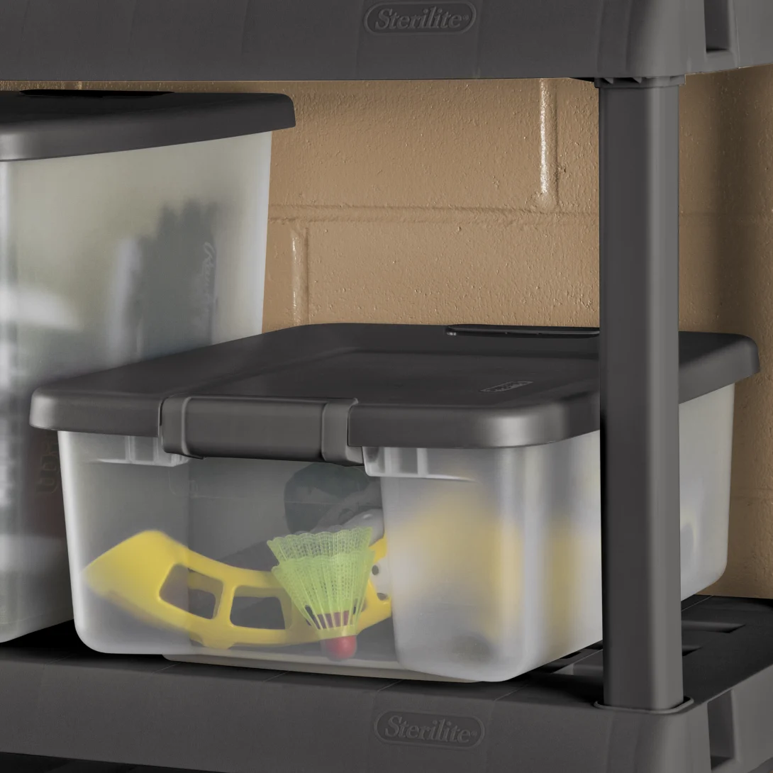 Sterilite 1936 25 Quart ShelfTotes – Clear Plastic Storage Bin with Flat Gray Lid & Latches - Image 8