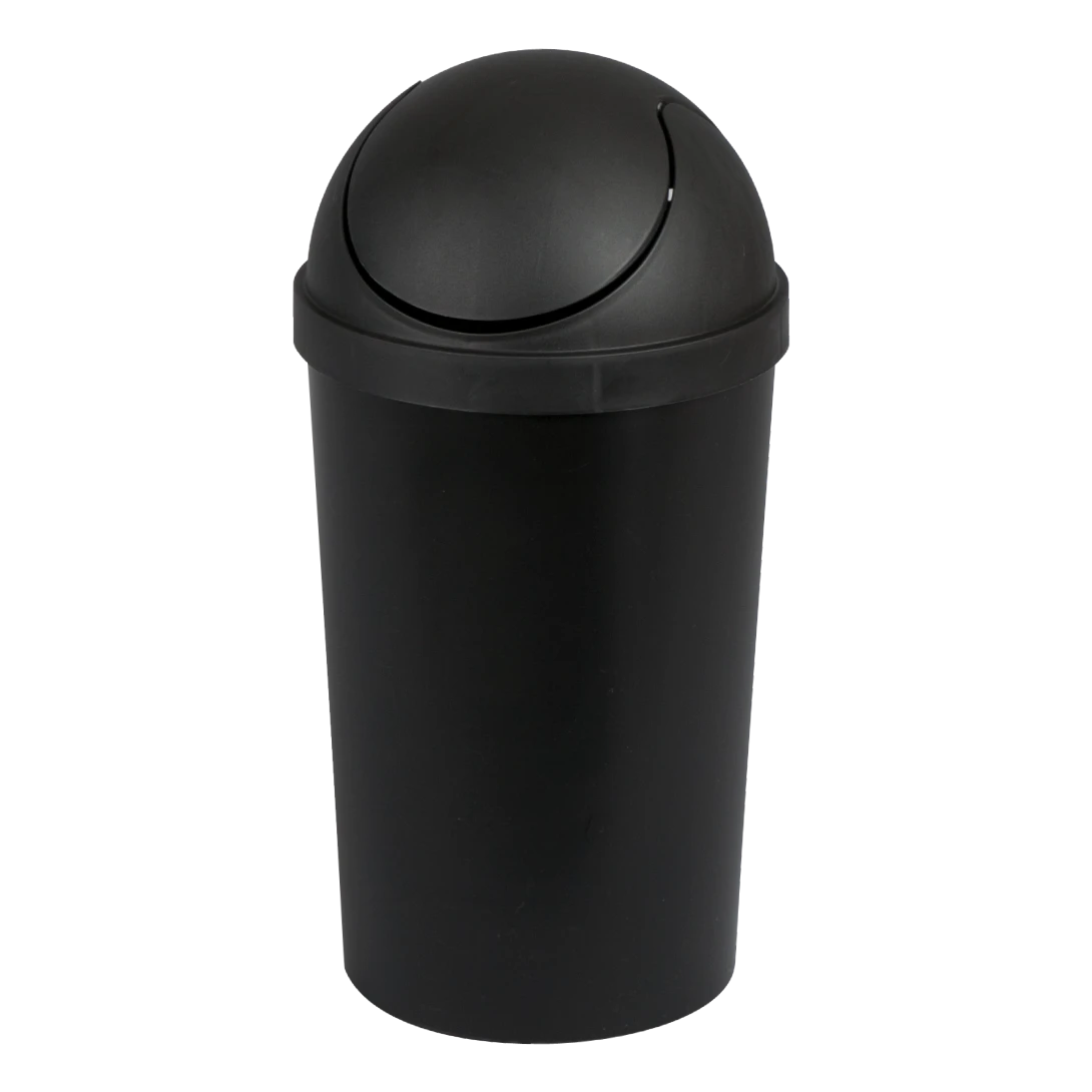 Sterilite 1083 3 gallon black round swingtop plastic bathroom wastebasket trash can showing center balanced dome swing lid