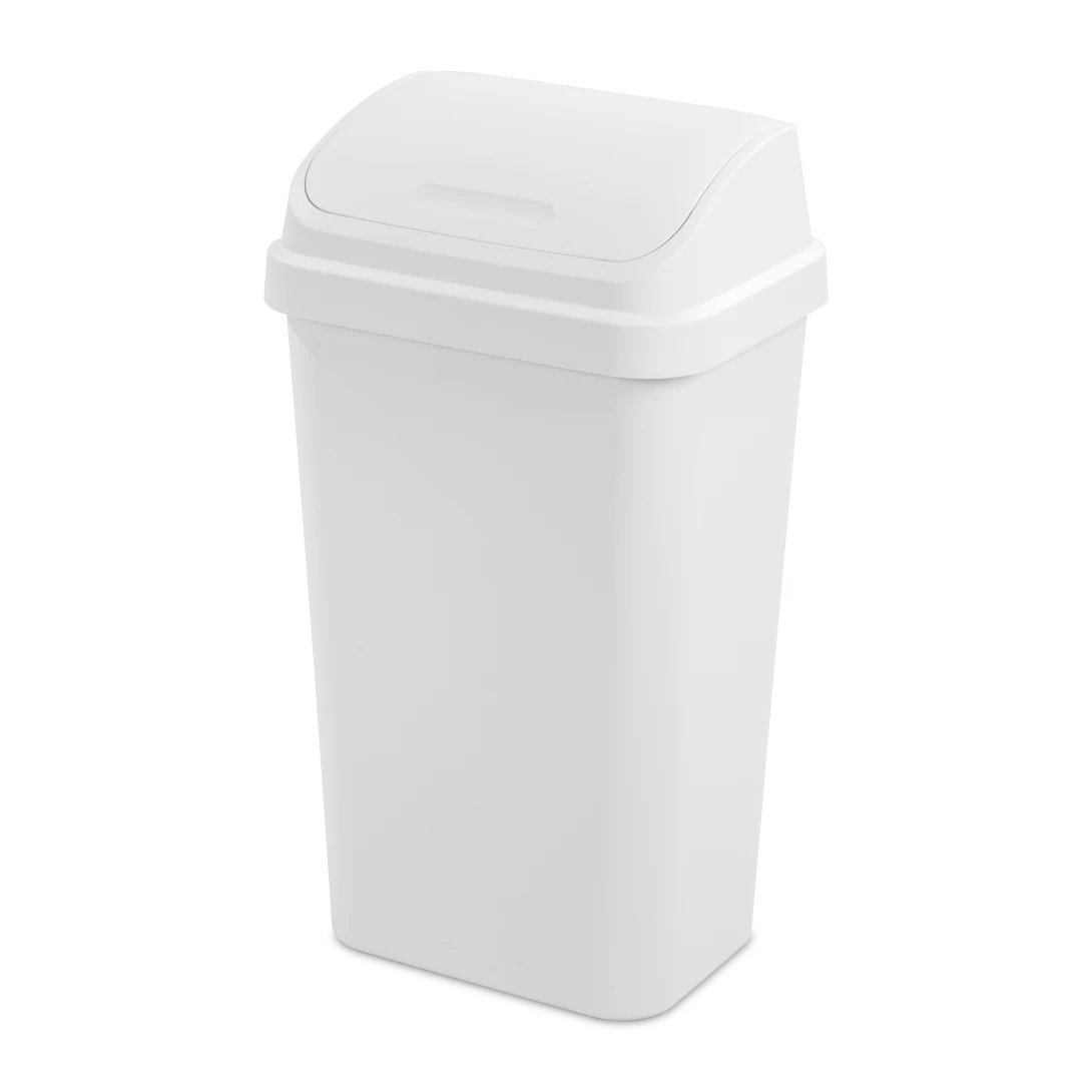 Sterilite 1089 13 gallon white swingtop plastic kitchen wastebasket trash can showing dual action swing lid