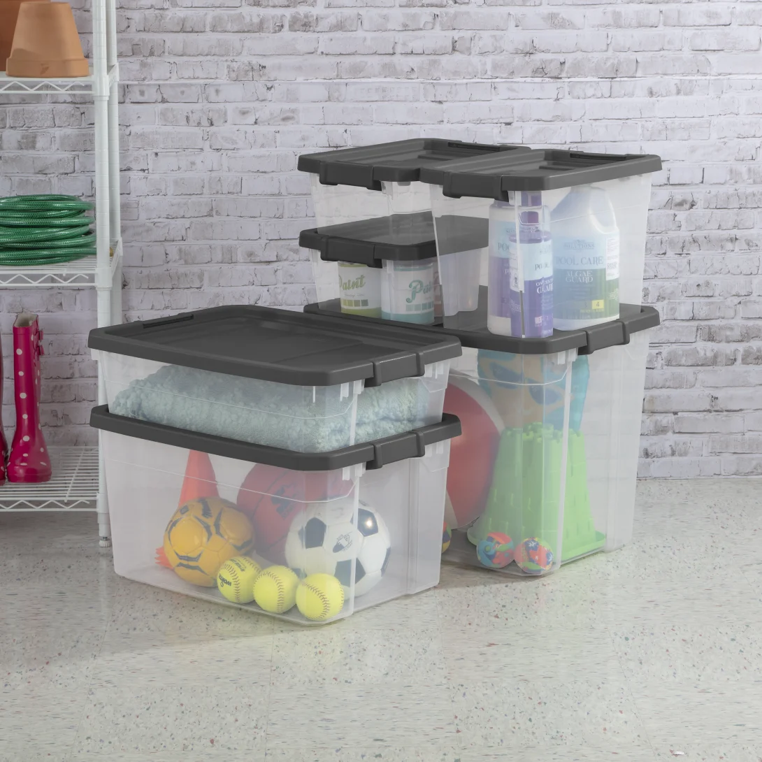 Sterilite 1474 40 Qt Modular Stacker Box β Clear Base with Flat Gray Lid & Latches - Image 9