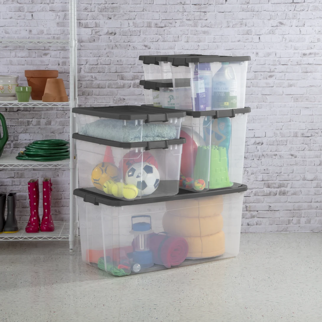 Sterilite 1476 76 Qt Modular Stacker Box – Clear Base with Flat Gray Lid & Latches - Image 9