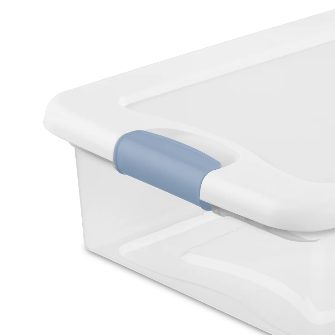 Sterilite 1496 32 Qt Latching Box – Clear Base with White Lid & Washed Blue Latches - Image 9