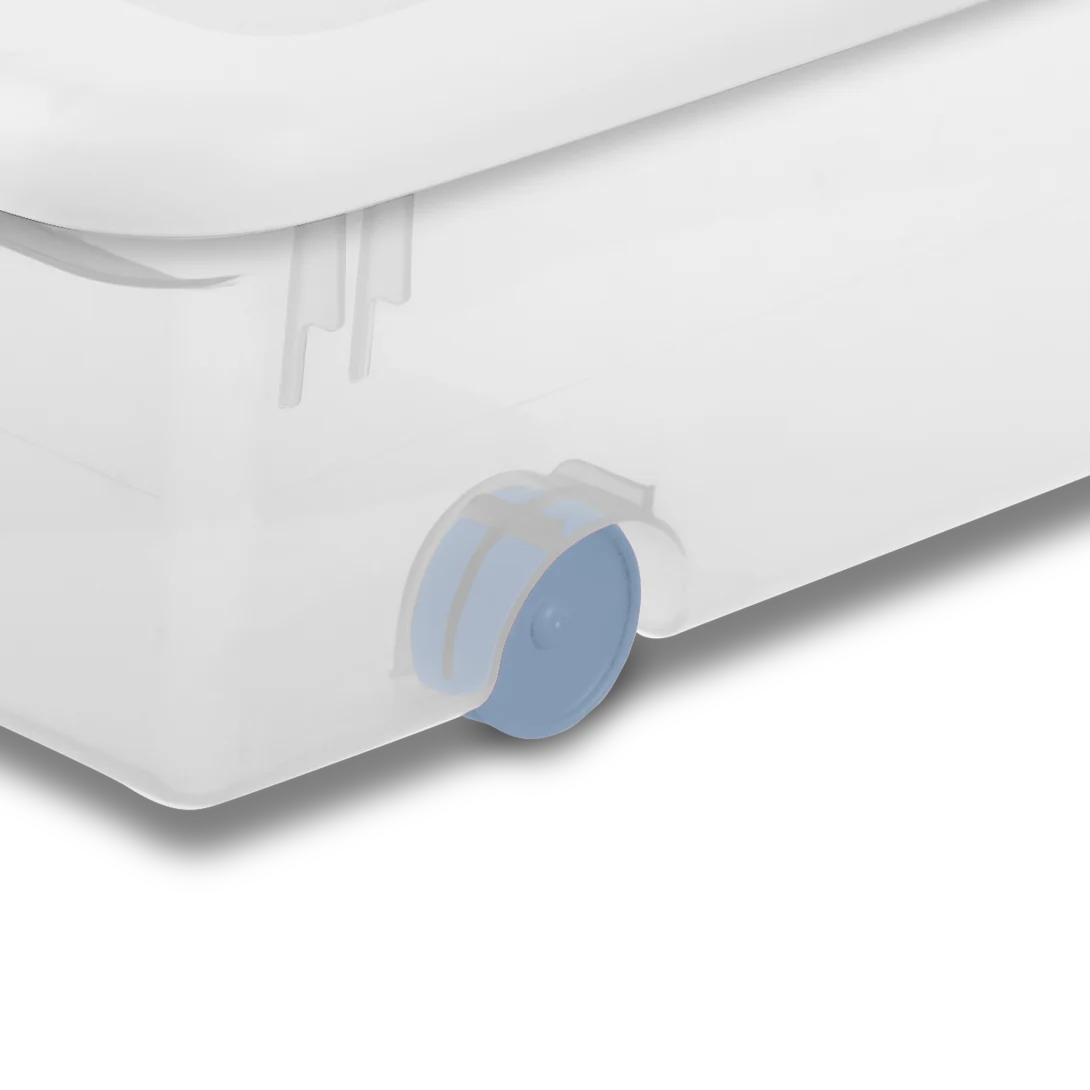 Sterilite 1498 56 Qt Wheeled Latching Box – Clear Base with White Lid, Washed Blue Latches & Wheels - Image 9
