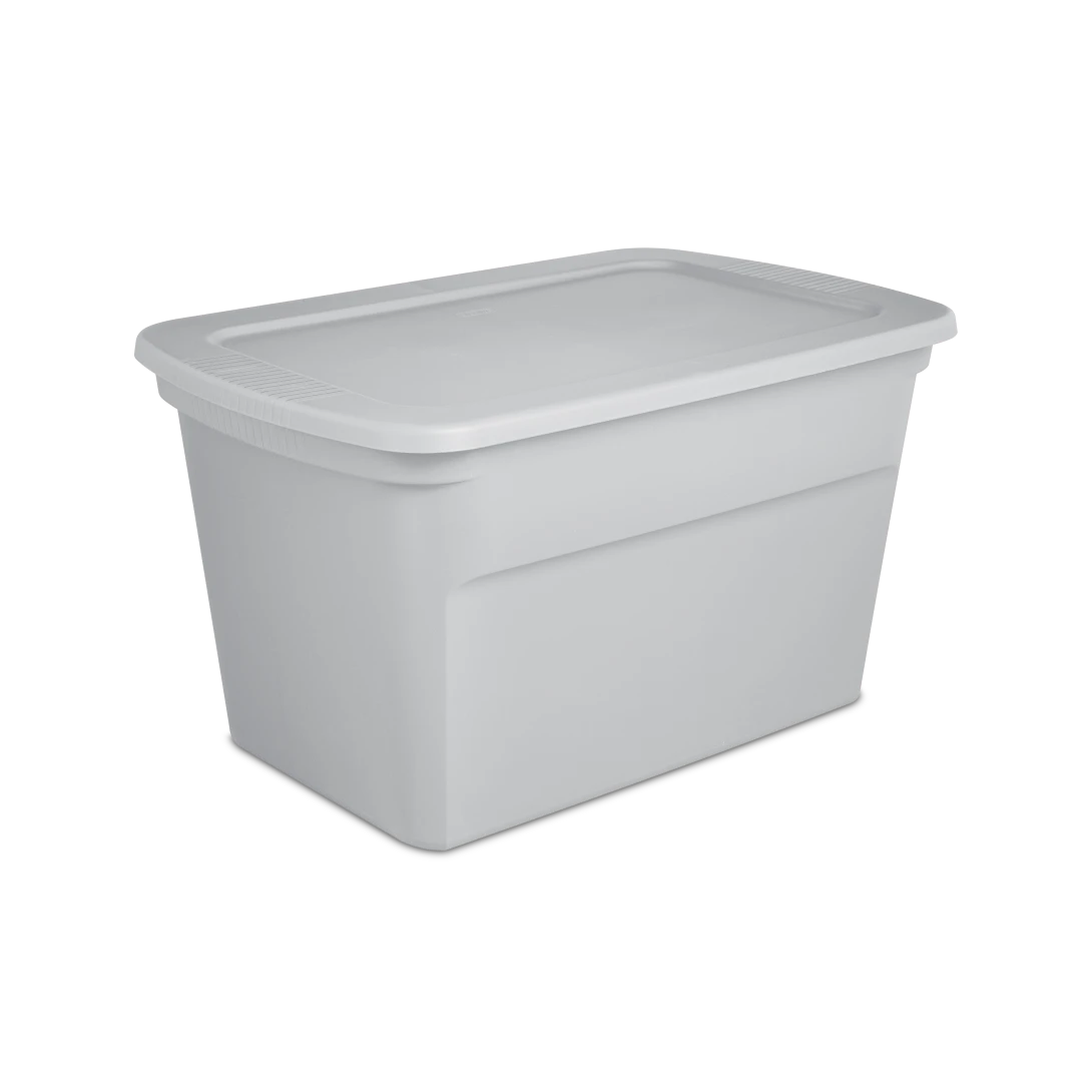 Sterilite 1736 30 gallon plastic storage tote in cement gray featuring matching snap-on lid and integrated end handles