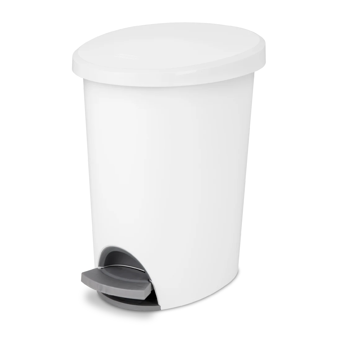 Sterilite 1081 2.6 gallon white ultra stepon plastic bathroom wastebasket trash can showing titanium foot pedal and removable inner liner