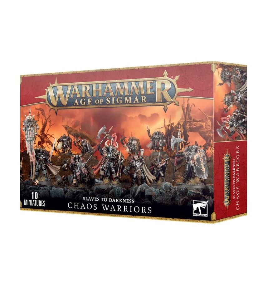 Squad of 10 heavily armored Chaos Warriors holding runic shields, hand weapons, and halberds.