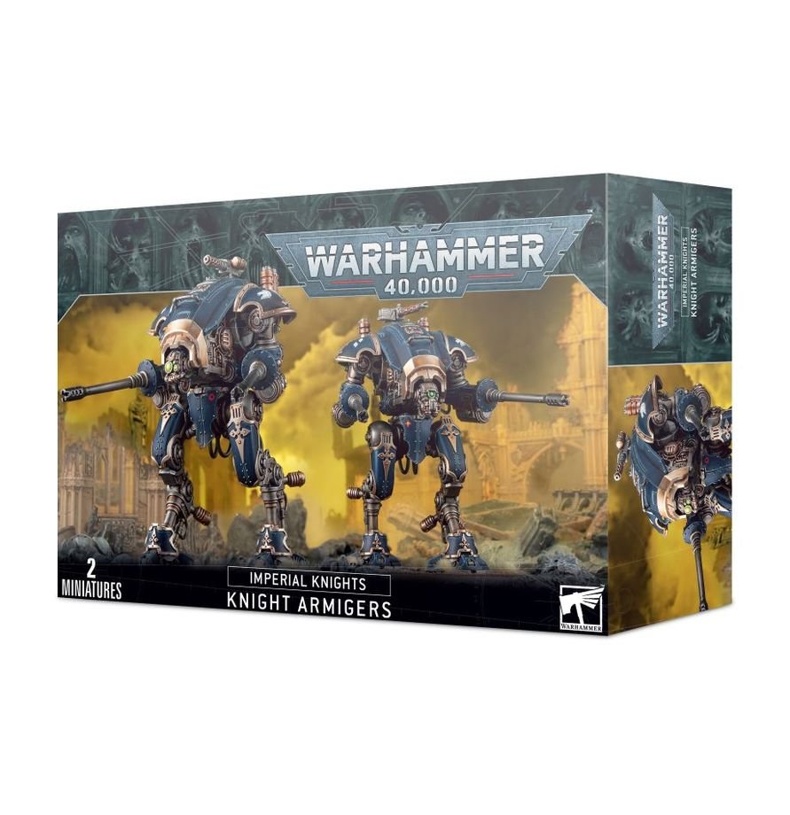 Imperial Knights Armigers box set showing 2 assembled combat walkers with autocannons and thermal spears.