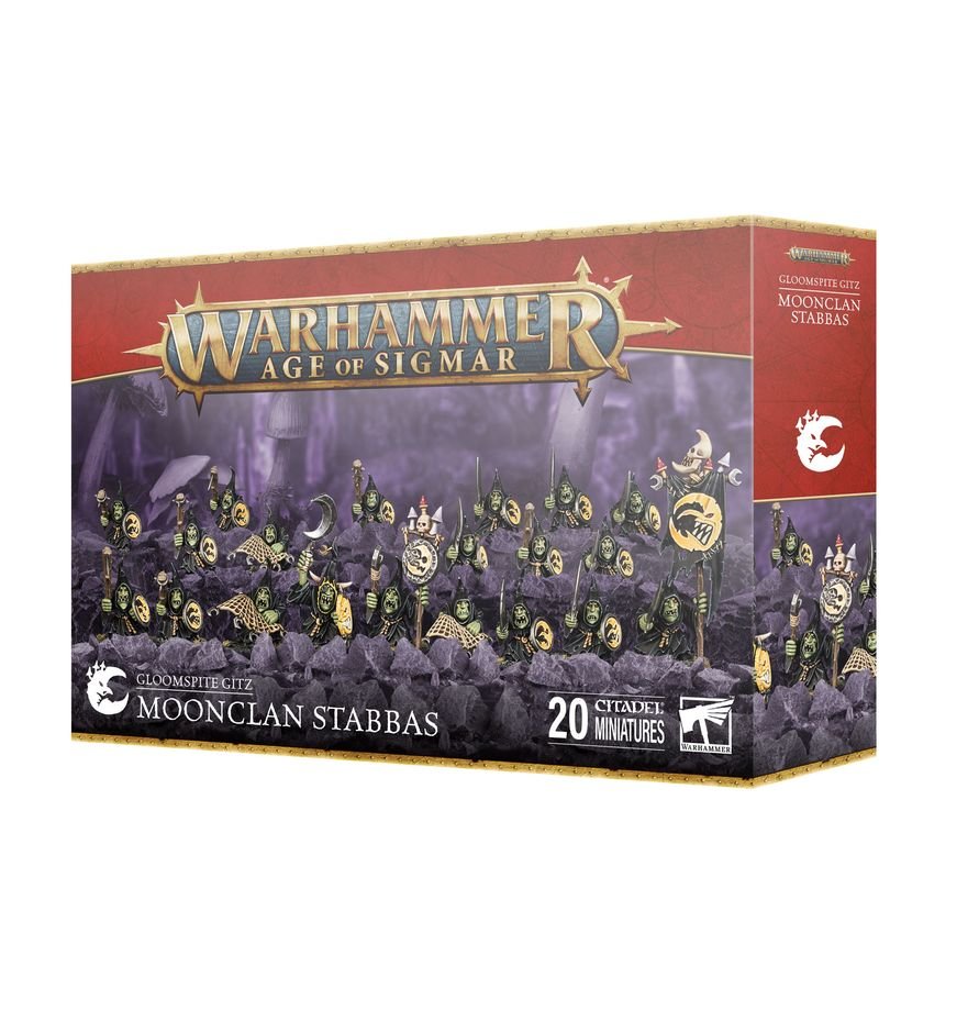 Mob of 20 Gloomspite Gitz Moonclan Stabbas with spears, moon shields, and command banners.