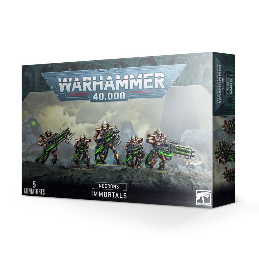 Squad of 5 Necron Immortals in metallic bronze armor armed with Gauss Blasters.