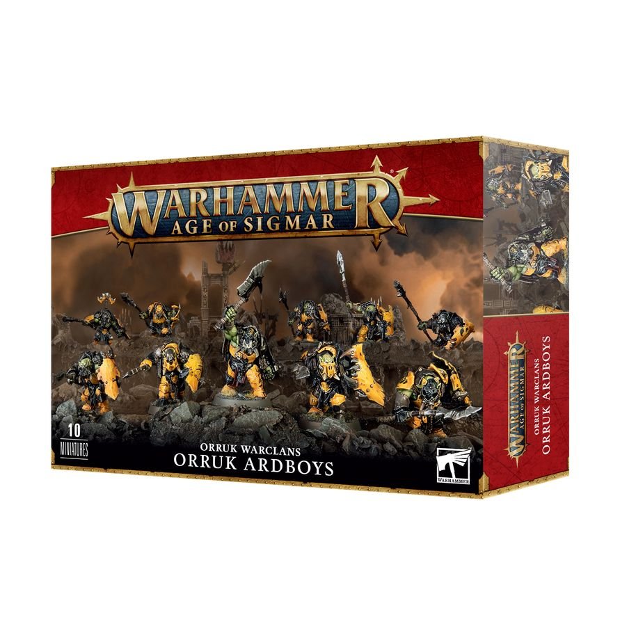 Squad of 10 heavily armored Orruk Ardboys holding iron shields, choppas, and stabbas.