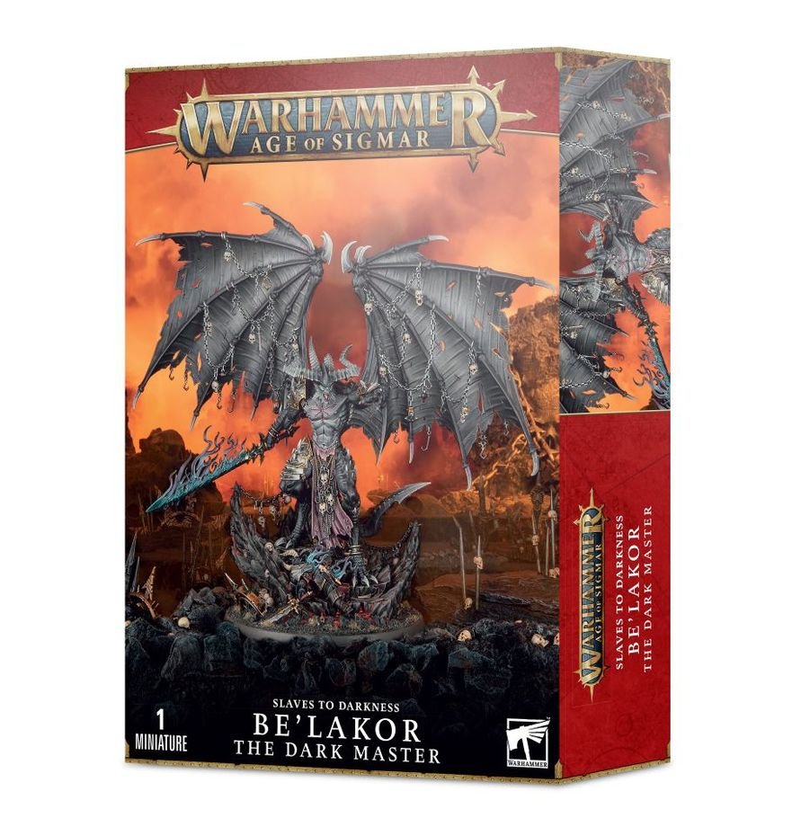 Towering daemon prince Be'lakor with large black wings and shadow blade standing on a scenic base.