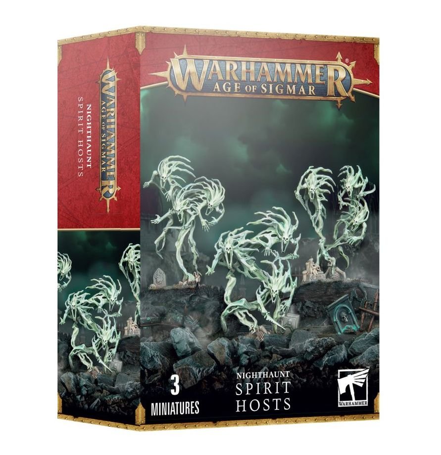 Trio of Nighthaunt Spirit Hosts swarms rising from tombstones in glowing green ghost mist.